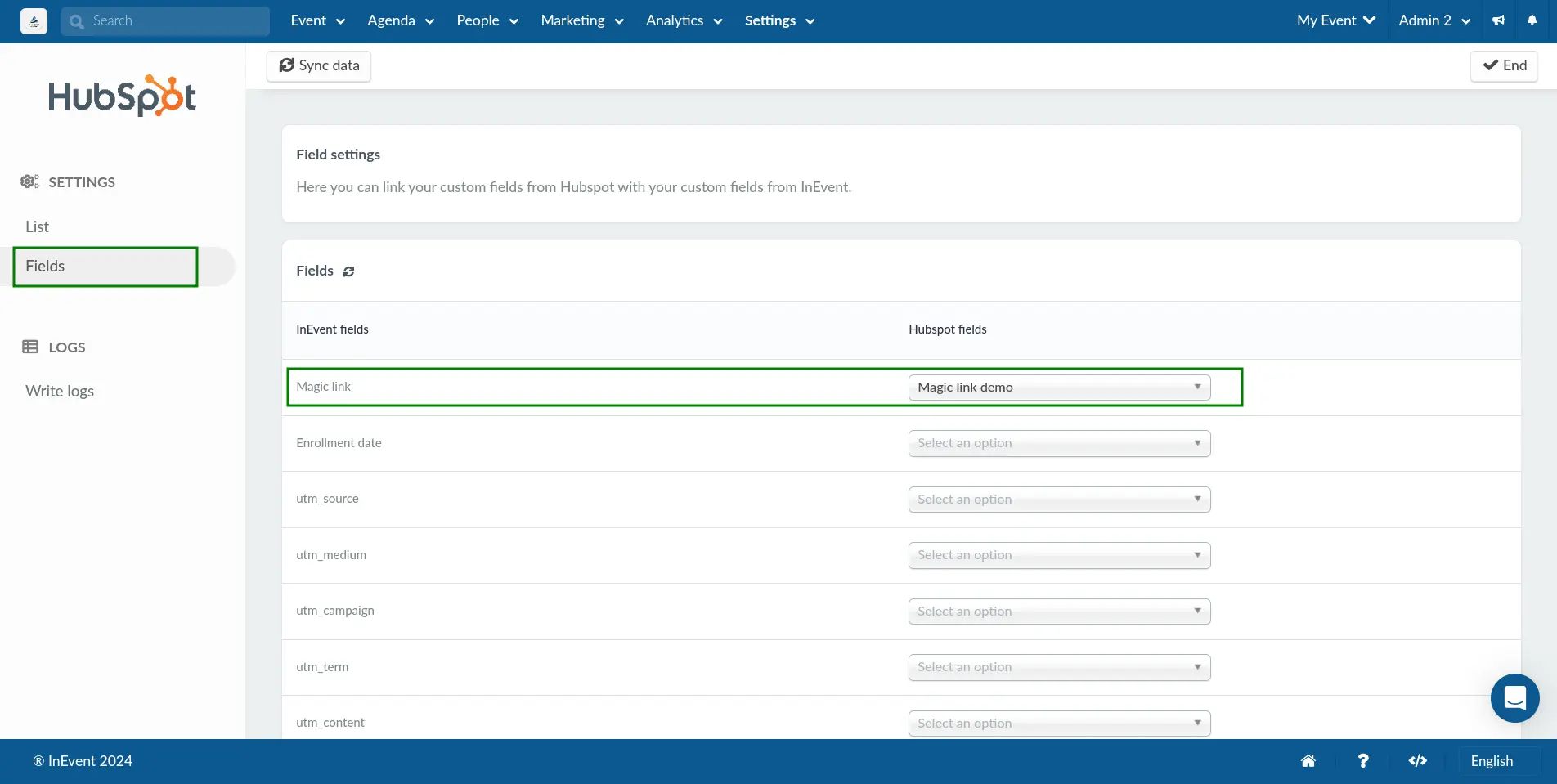 Image showing to select the newly created field to match with InEvent's magic link field