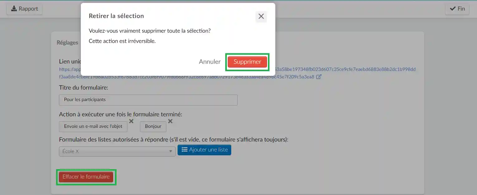 Image montrant comment supprimer un formulaire en appuyant sur le bouton "Effacer le formulaire", puis en appuyant sur le bouton "Supprimer".