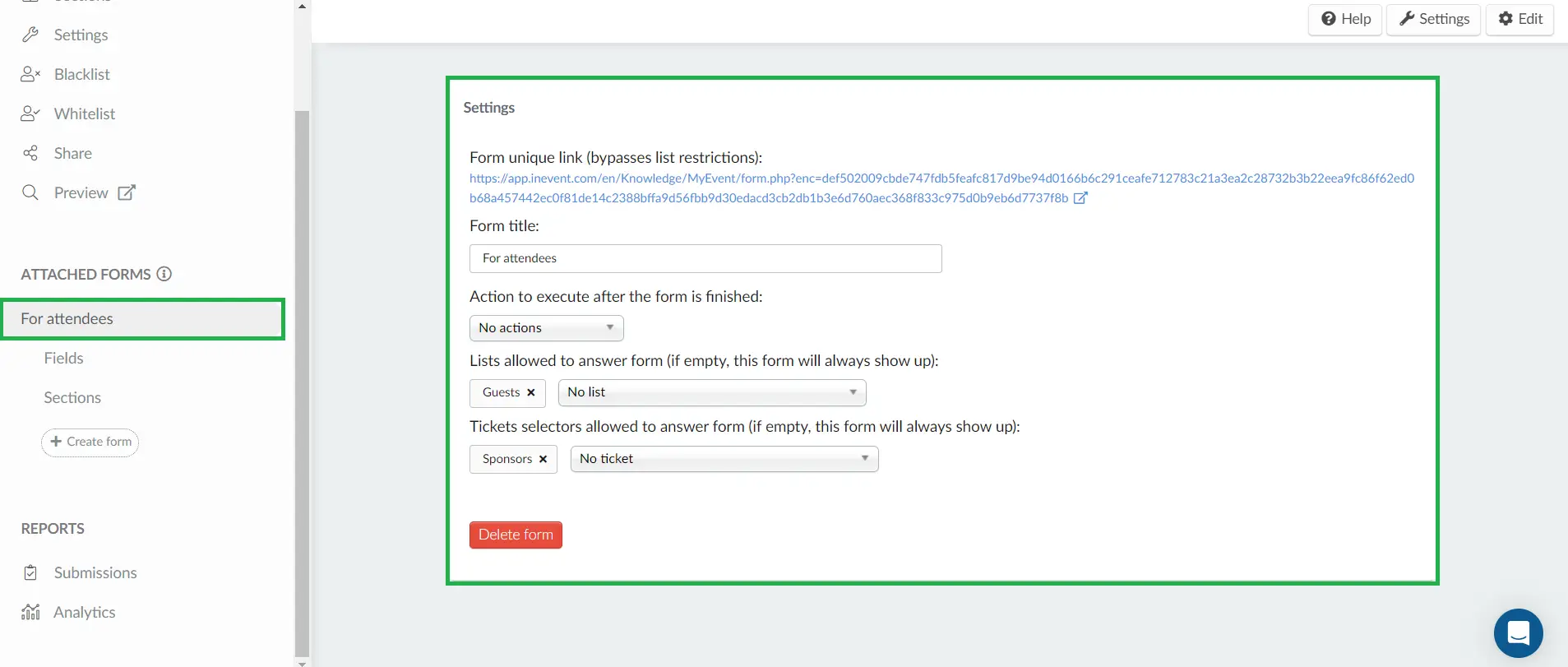 Attached form settings