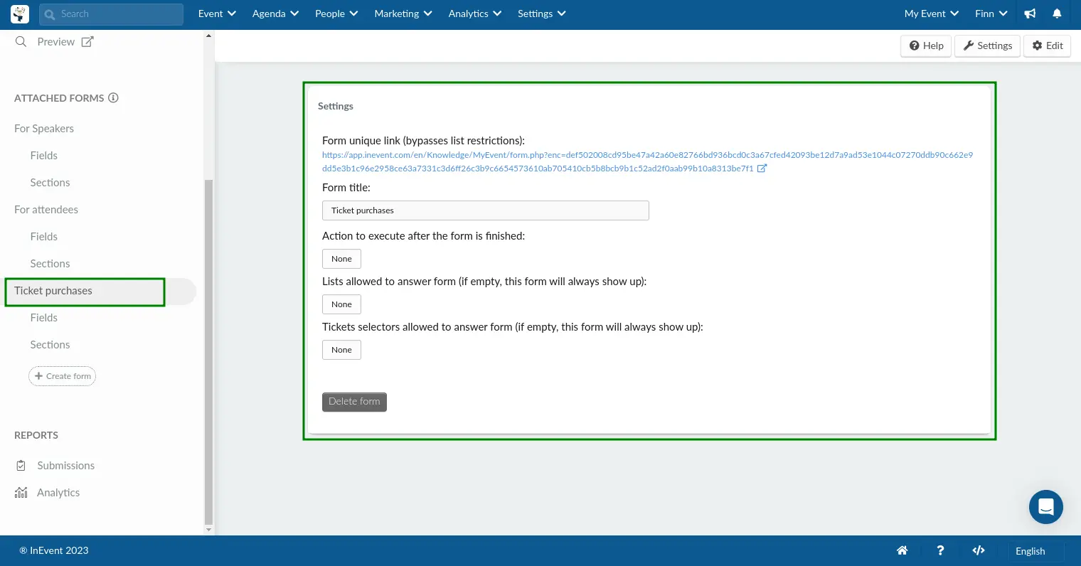 Attached form settings