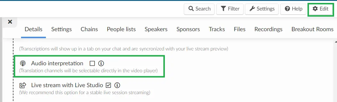 enable audio interpretation for each session