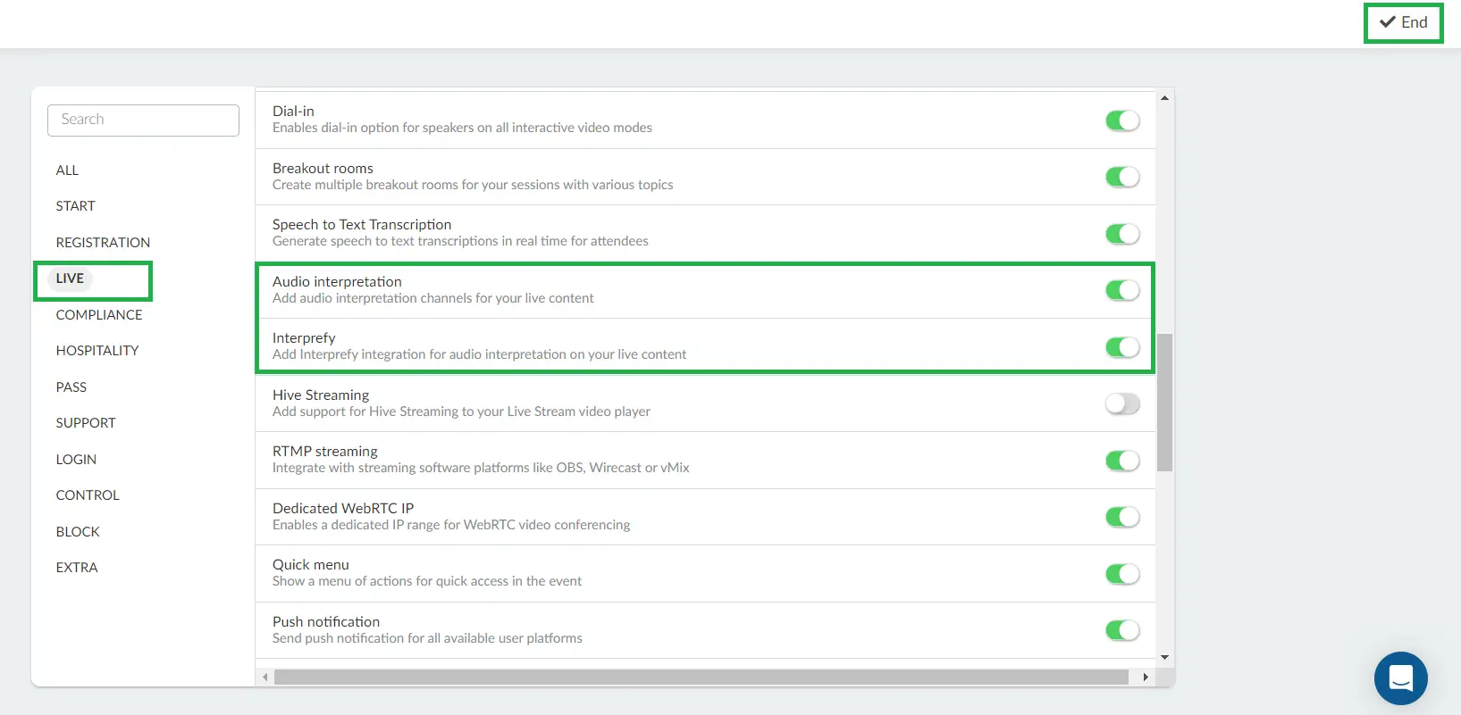  Audio interpretation and Interprefy checkboxes are checked