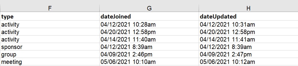 Spreadsheet columns - Virtual Lobby Analytics
