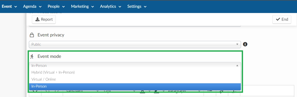 Setting your event to In-person mode