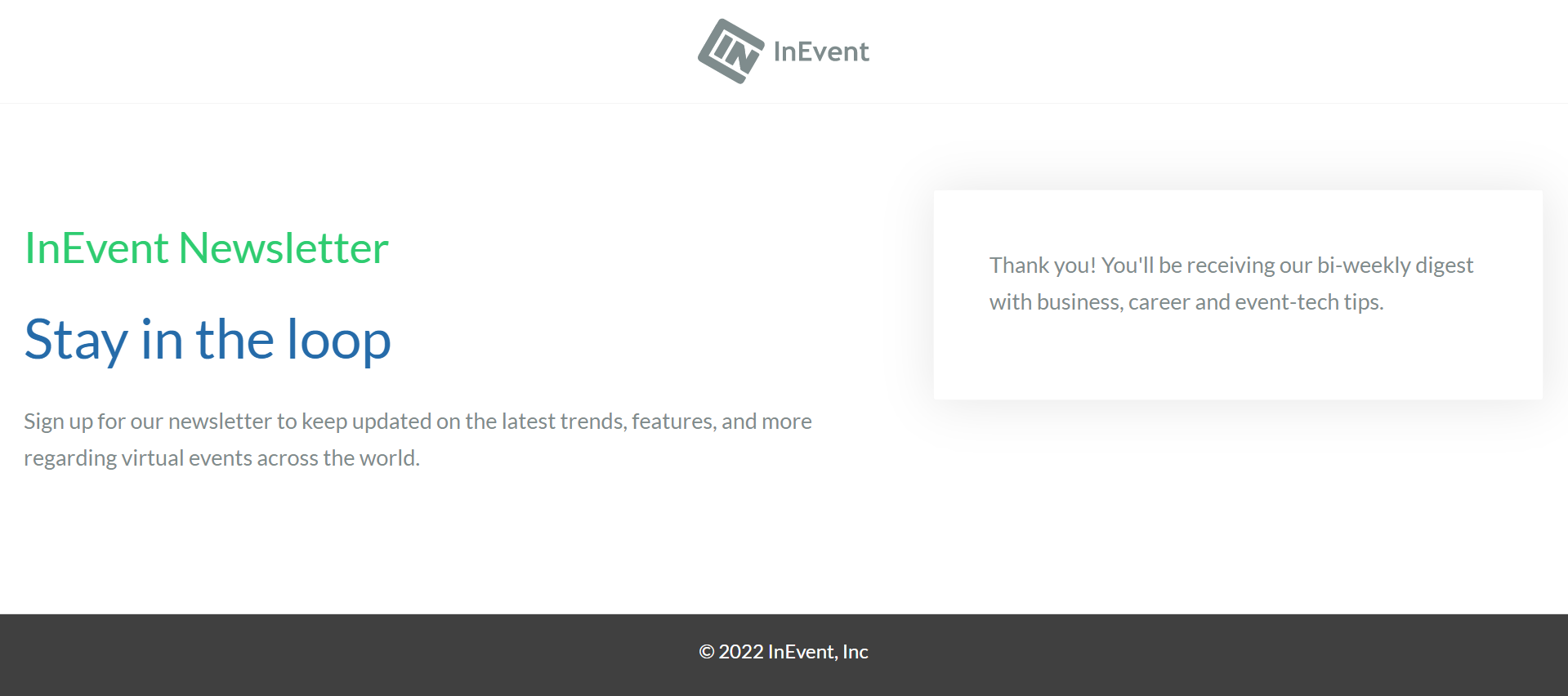 Une page qui montre la possibilité de s'abonner à nouveau aux mises à jour de la plateforme InEvent