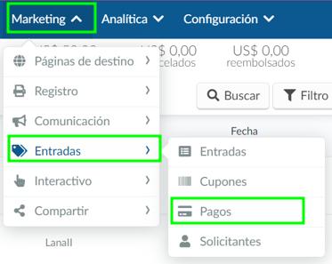 Como llego hasta la opción pagos a través de Marketing