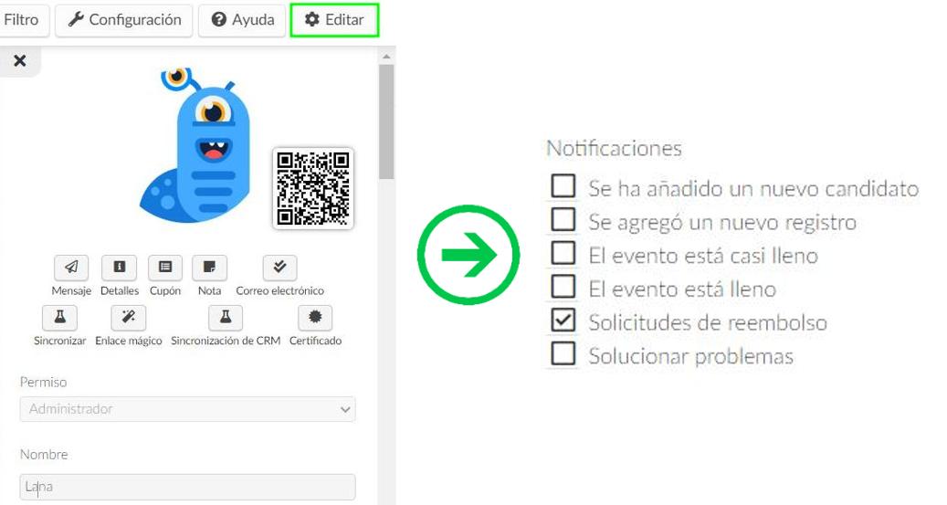 Activar las notificaciones de reembolso para administradores