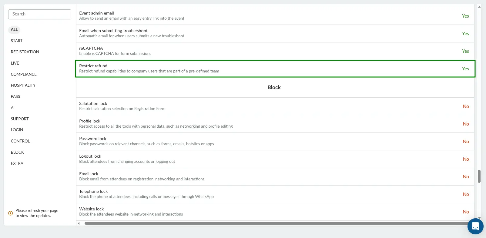 Screenshot showing the Restrict refund tool