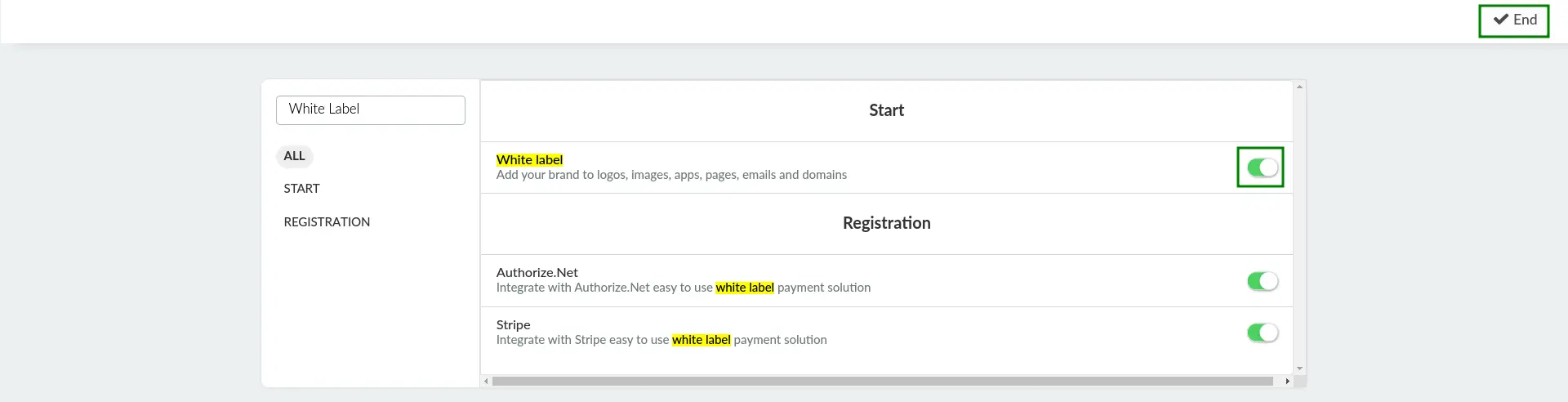 Screenshot showing how to enable the White Label tool in Event tools,