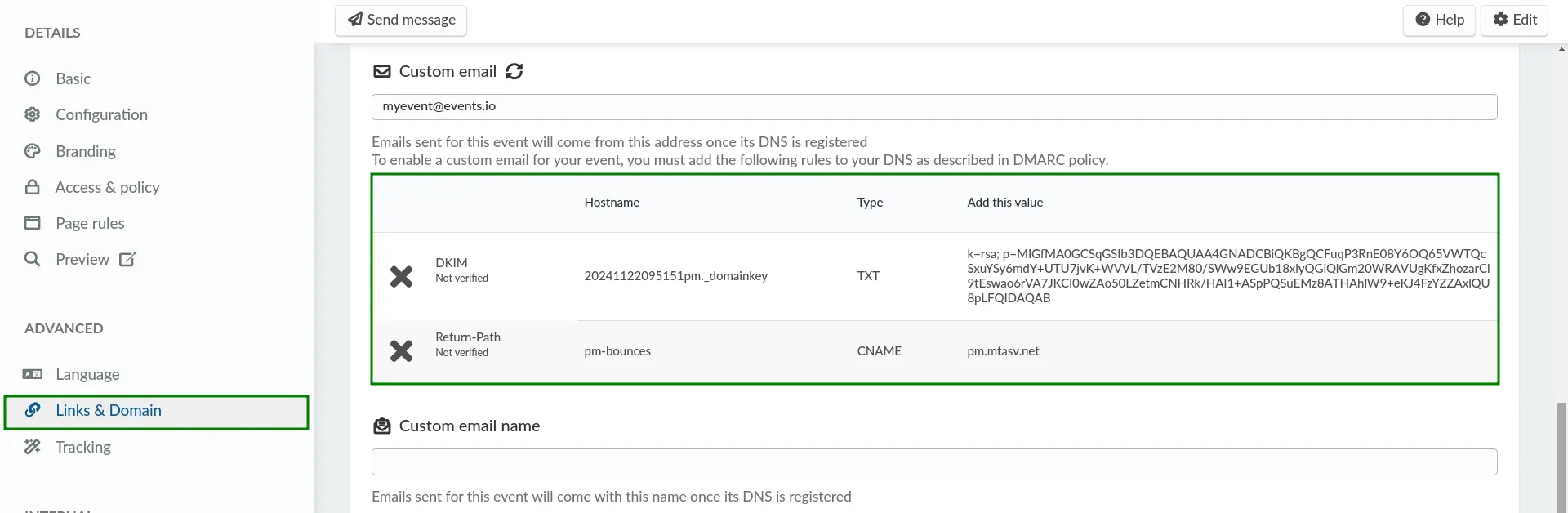 Screenshot showing the TXT and CNAME records for your custom email.