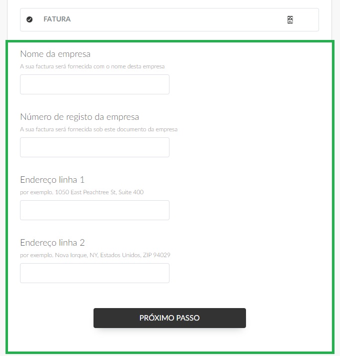 fatura formulário de compra