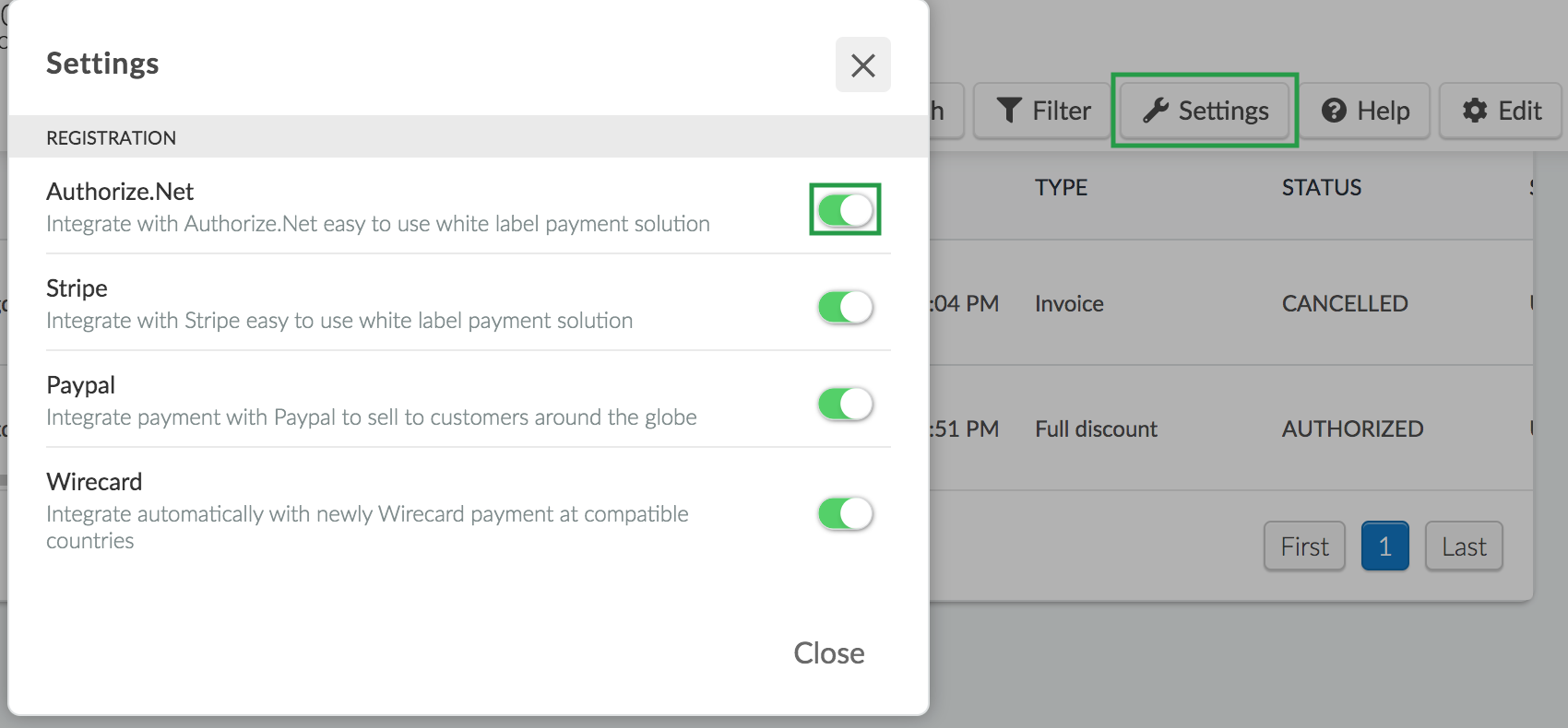 Image showing the settings pop-up on the payments page with the integrations 