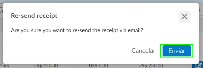 Ventana emergente de reenvío de recibo
