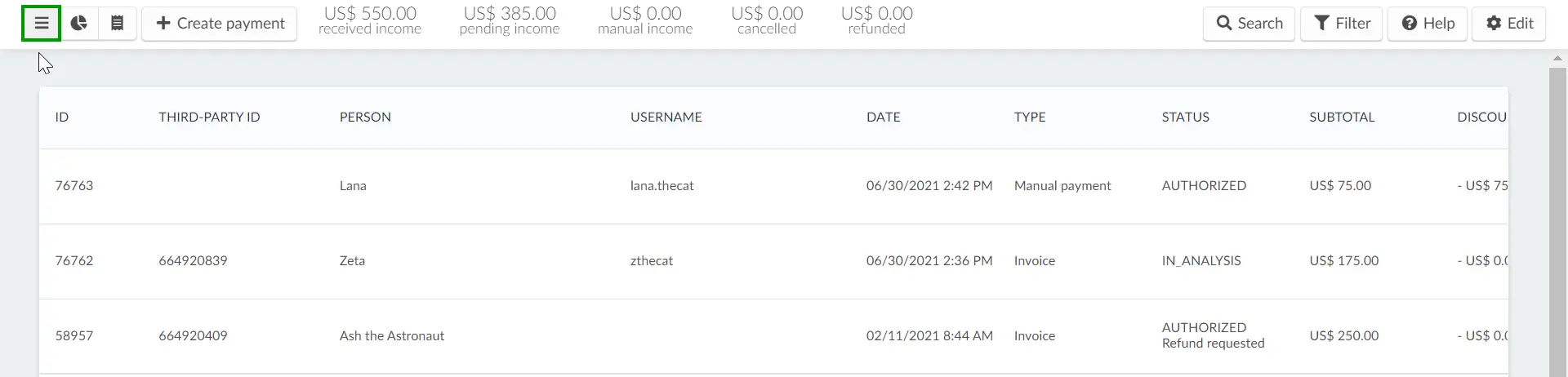 View payments as list