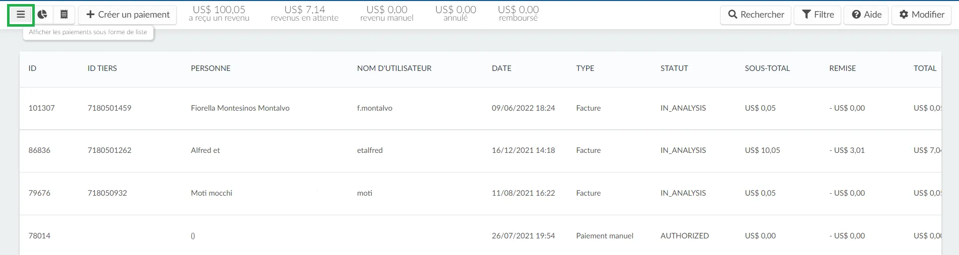 affichage de la liste de paiement 