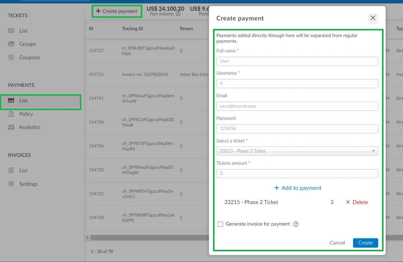 Screenshot showing the Create payment pop-up box without generating an invoice.