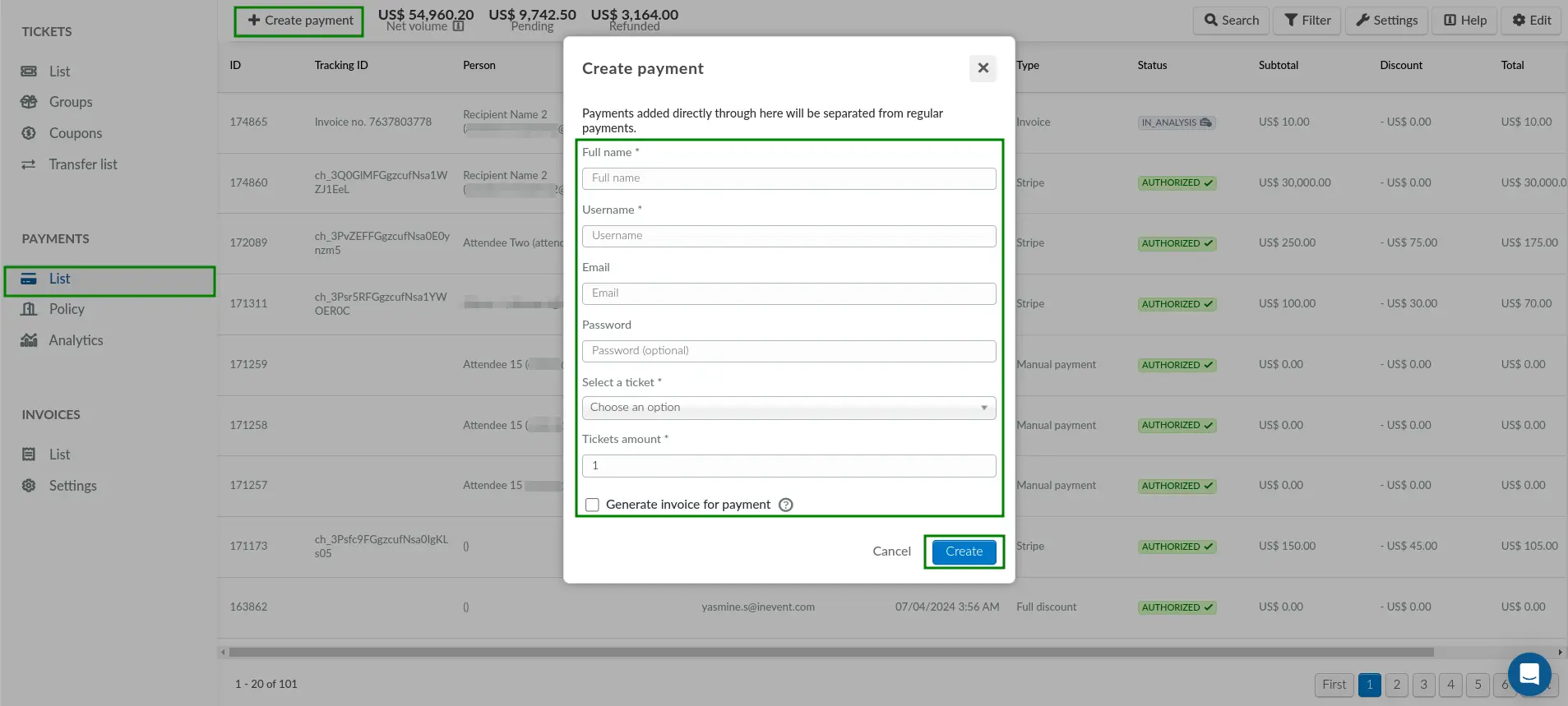 Screenshot showing the Create payment pop-up box without generating an invoice.