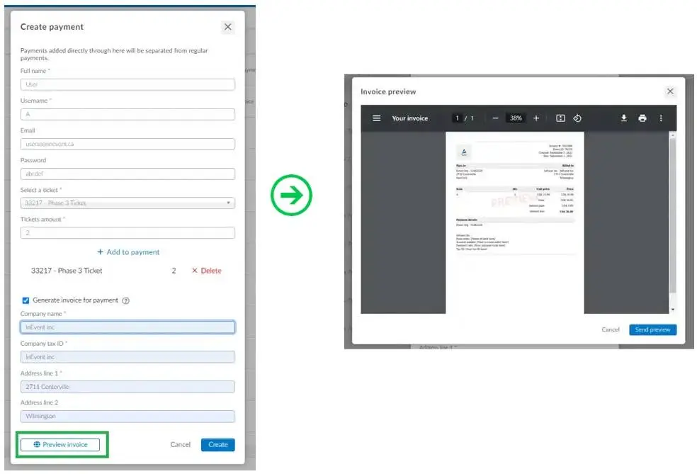 Screenshot showing the Preview invoice pop-up box.