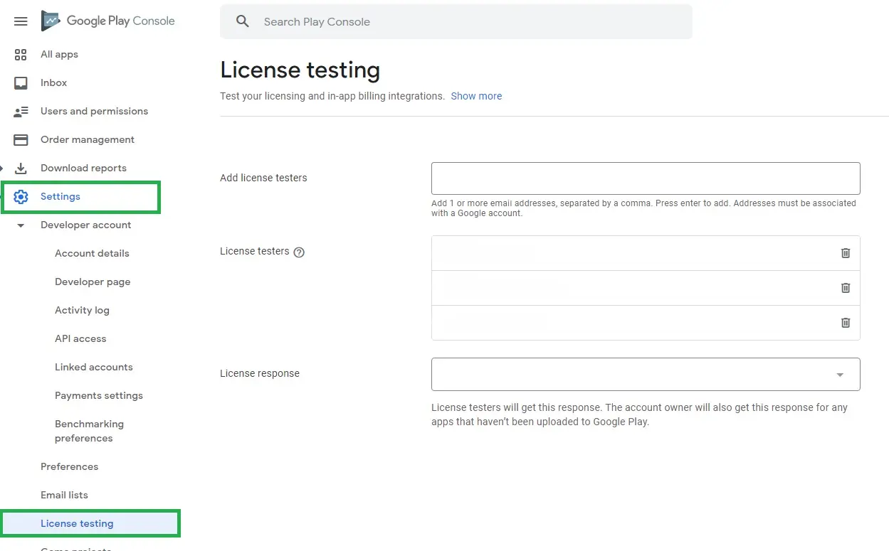 Klicken Sie auf Setup > License testing