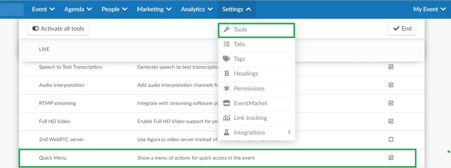 Enabling the quick menu