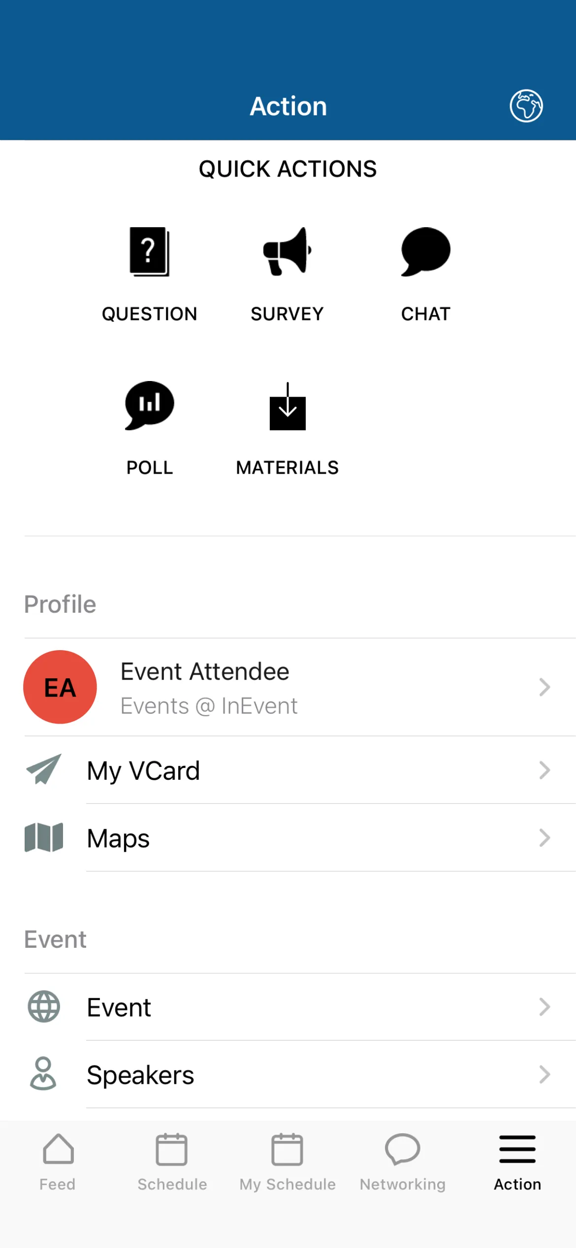 Screenshot showing the Quick menu in the mobile app