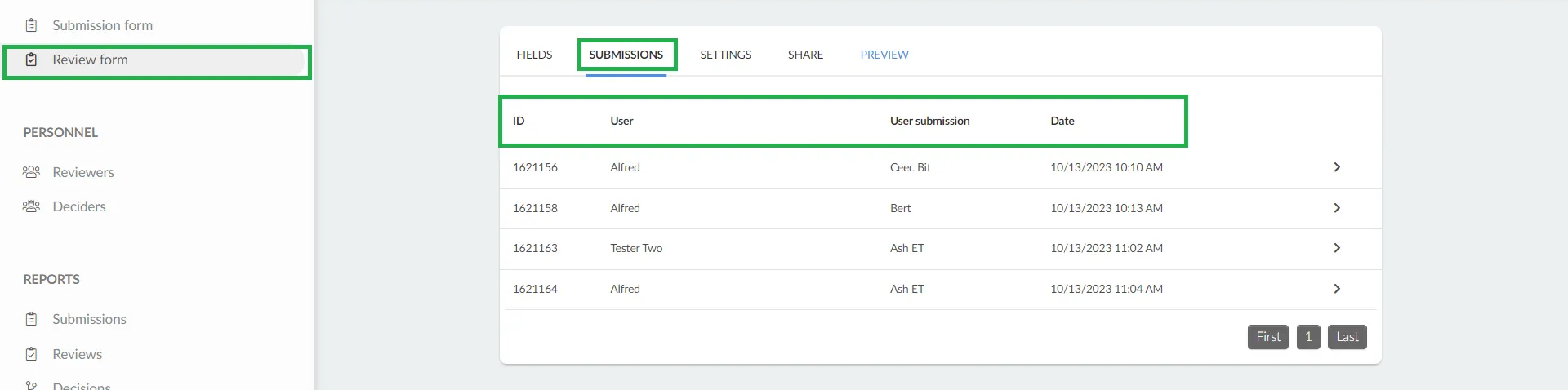 image showing how to view submissions on review form