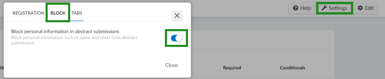 Image showing tool Block personal information on abstract form enabled from the settings button at abstract page. 