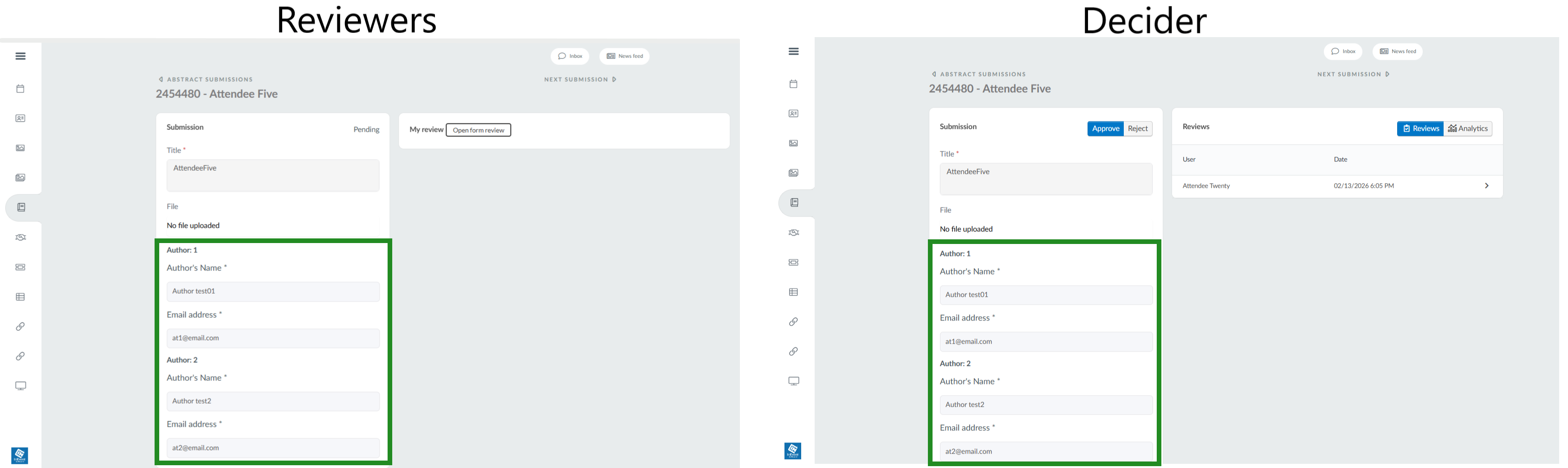Image showing authors in a abstract submission form for reviewers and deciders.