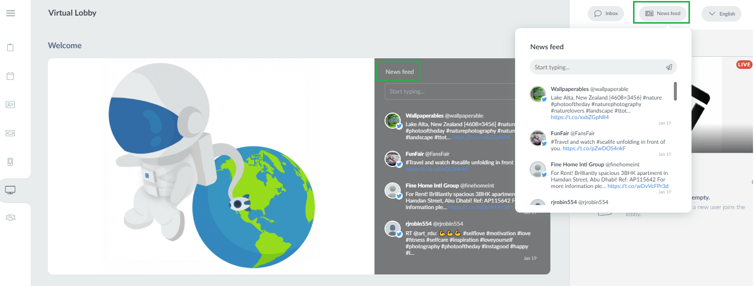 News feed in the Virtual Lobby