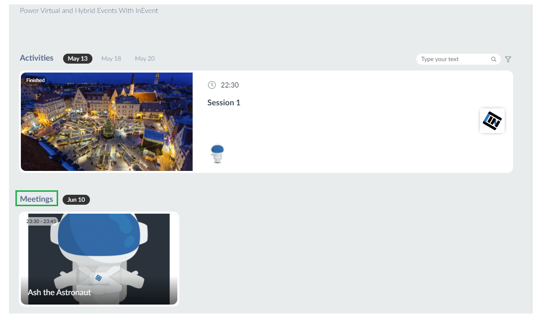 Meetings section in the Virtual Lobby