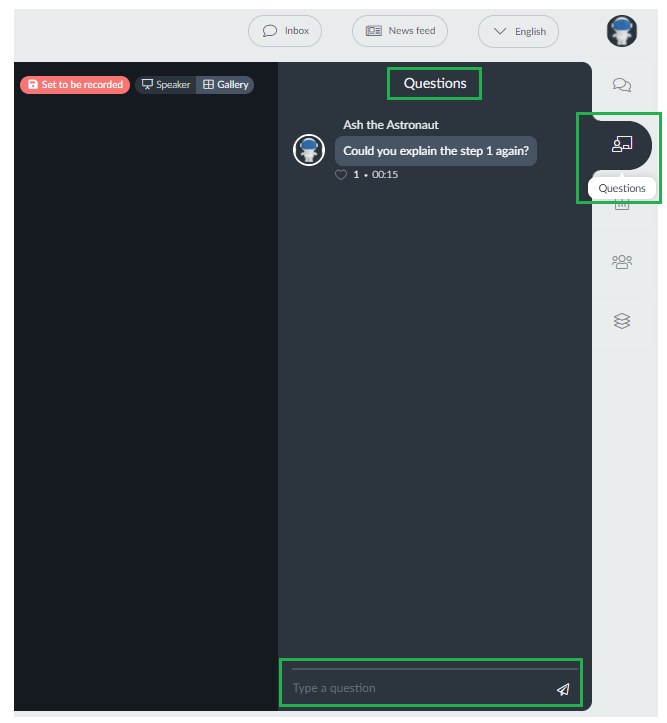 Questions tab within the session in the Virtual Lobby