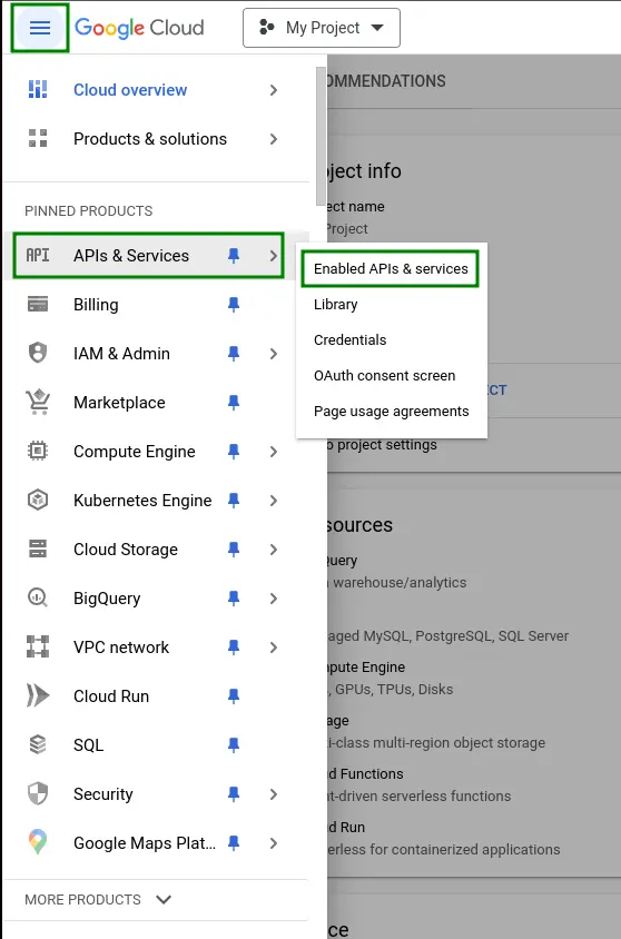 Screenshot showing the APIs & Services menu on Google Cloud.