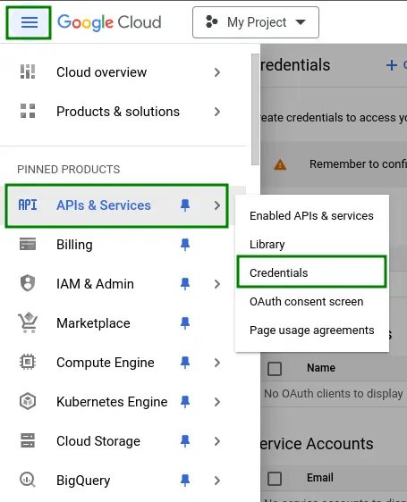 Screenshot showing how to navigate to Google Cloud Credentials page