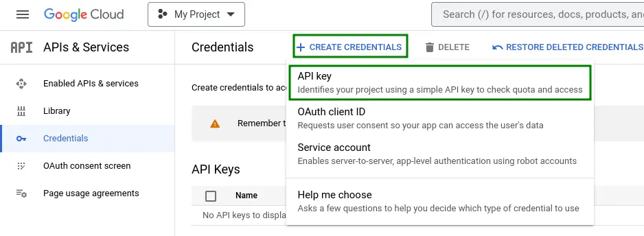 Click on Create Credentials and choose the API key option