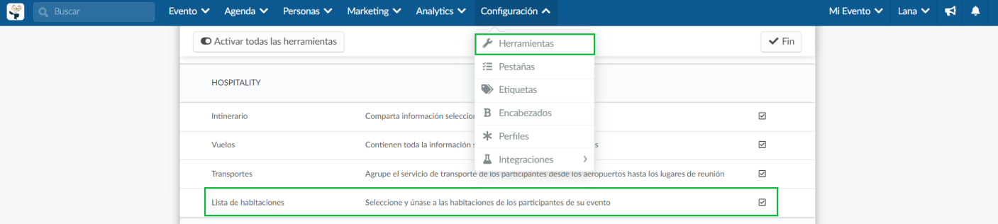 lista de habitaciones