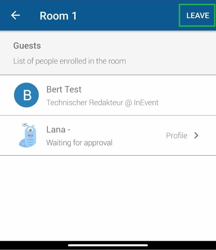 Screenshot of the leave room are in the app.