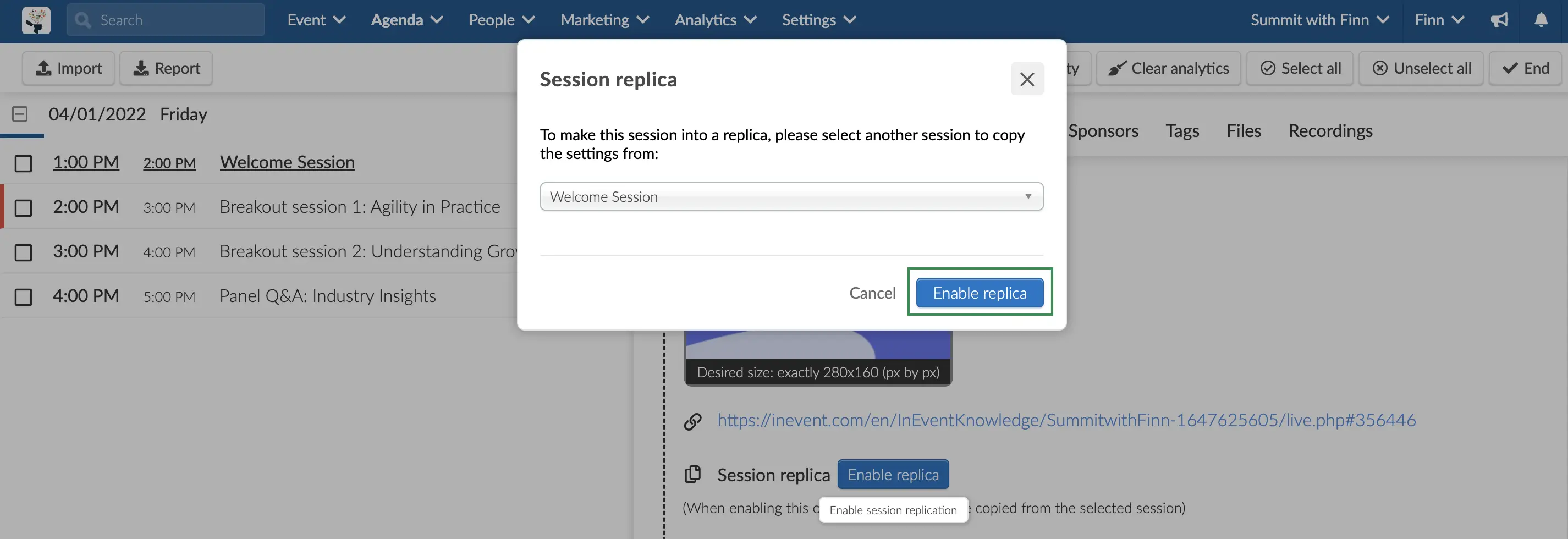 A pop up asking you to select the session