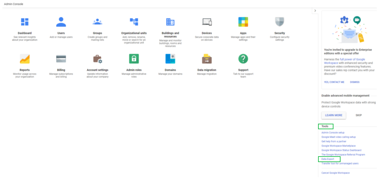 Admin console Home page