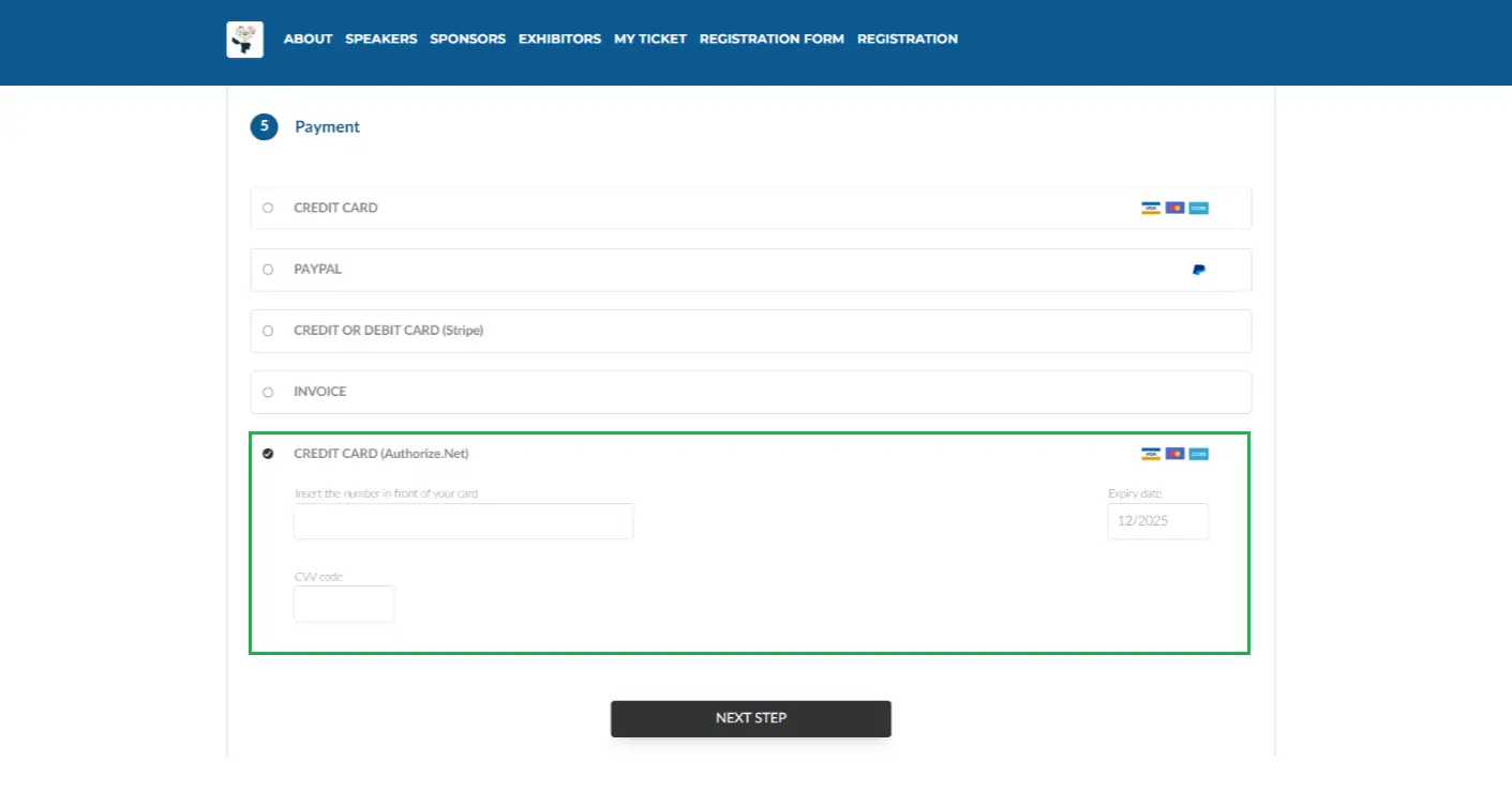 The Authorize.net option registration form is embedded