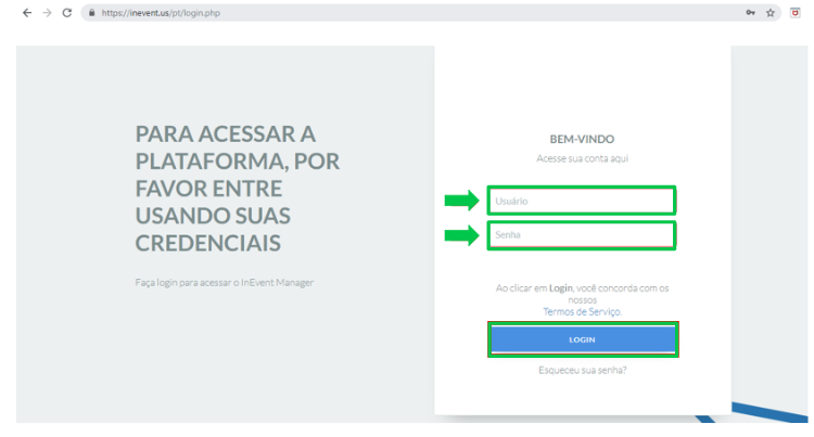 Colocando seu login e senha no website InEvent