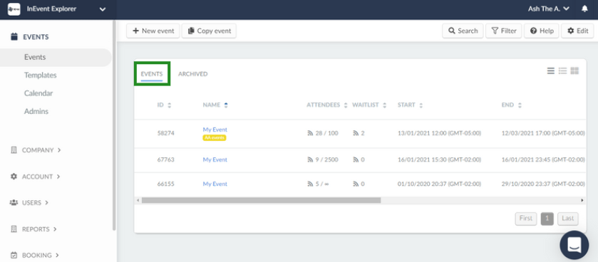 The image shows the events page on the company level of the platform
