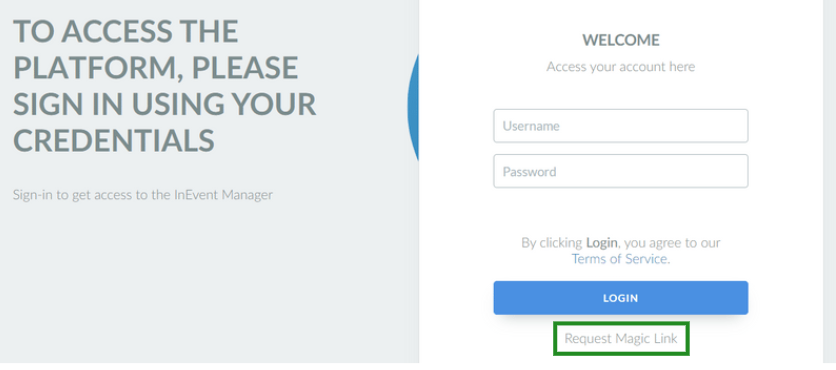 The image shows the login page for company admins, highlighting the Request Magic link option in the bottom of it