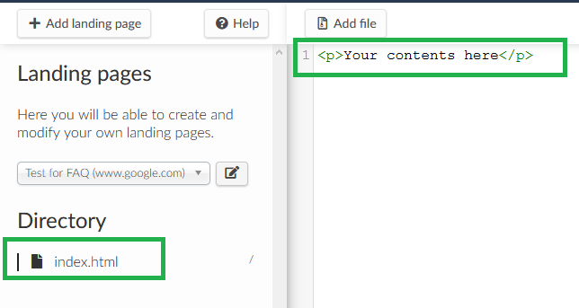 Screenshot of directory > Landing pages > index > your content here