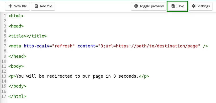 Screenshot showing an example of the Meta Refresh code snippet.