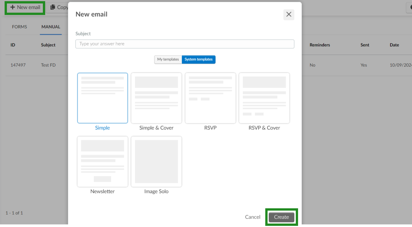 Image showing new email, subject and template selection. 