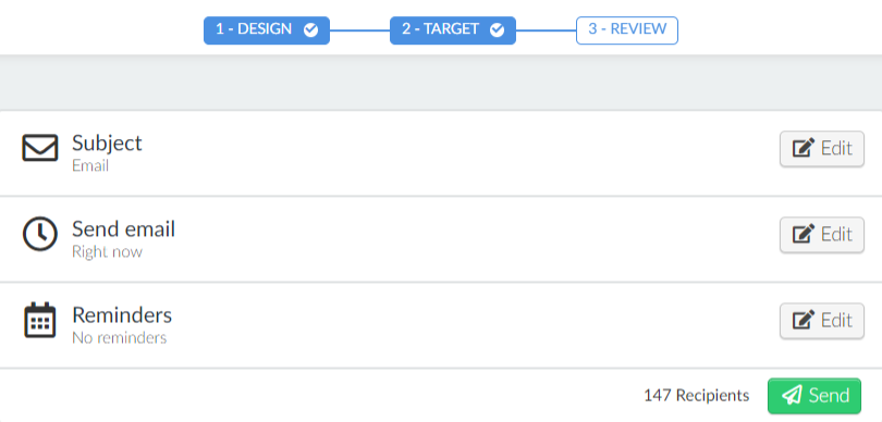 Image showing review and send section of Email creator at company level. 