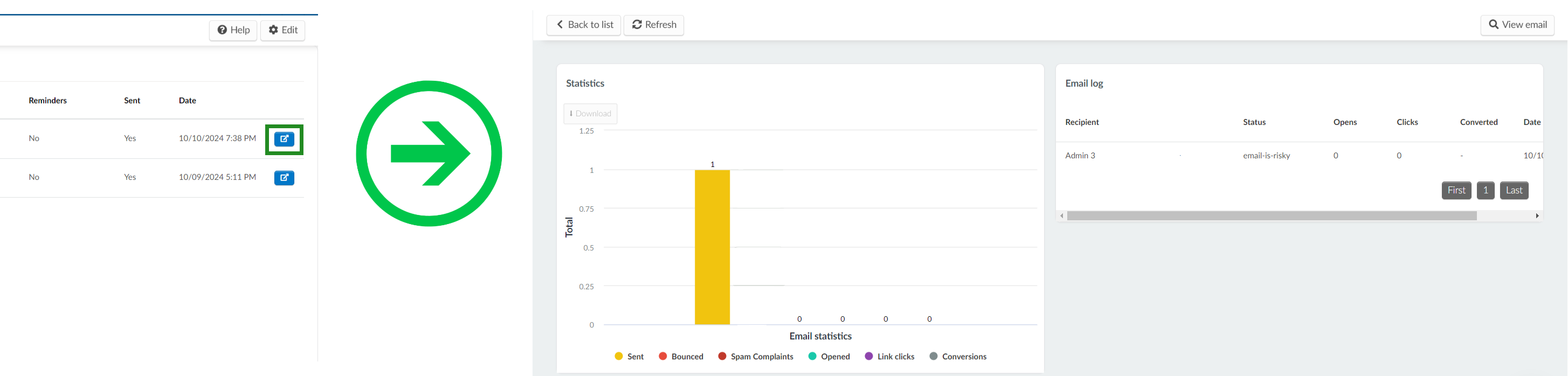 Image showing blue button corresponding to email sent, which opens up the email log and statistics page at the email creator company level.