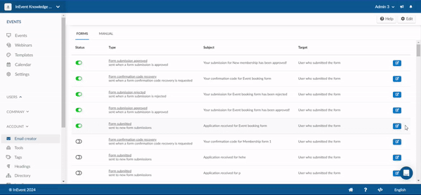 Gif showing how to access email editor from the Email creator section at the company level