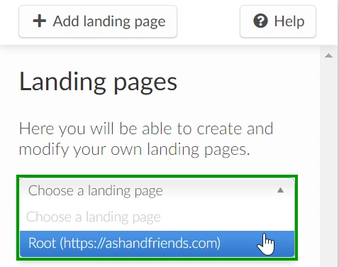 choosing a landing page from the drop-down menu