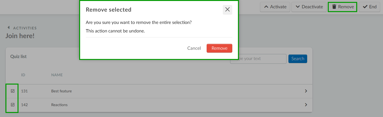 remove quiz